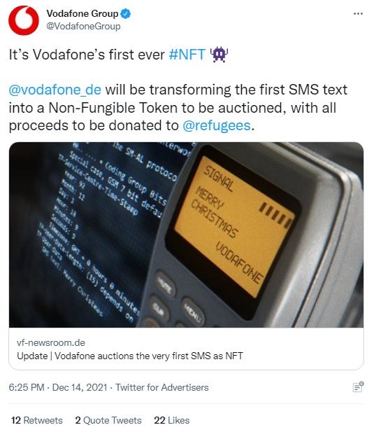 英國(guó)沃達(dá)豐公司也表示，計(jì)劃將拍賣(mài)所得全部捐贈(zèng)給聯(lián)合國(guó)難民署，以支持那些被迫逃離家園的人。(圖片來(lái)源：英國(guó)沃達(dá)豐公司社交媒體截圖)