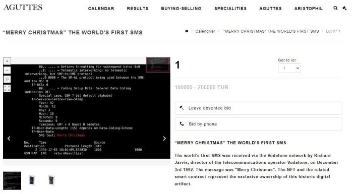 法國(guó)阿古特拍賣(mài)行網(wǎng)站上，世界第一條短信的拍賣(mài)信息。圖片來(lái)源：阿古特拍賣(mài)行網(wǎng)站截圖