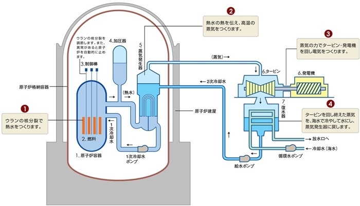 核電站運(yùn)作原理圖。通常的核電站排水未直接接觸核燃料。（圖片來源：日本北海道電力株式會(huì)社網(wǎng)站）