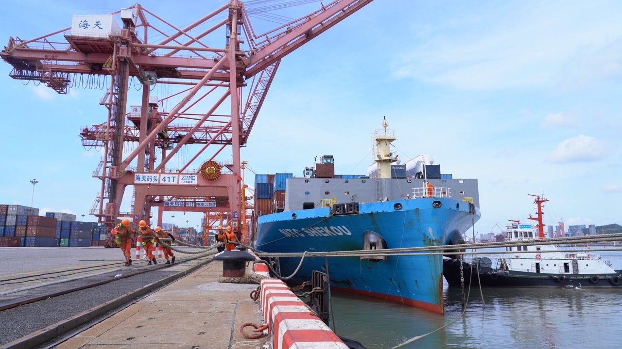 7月22日上午，“絲路海運”電商快線“海豐蛇口”輪?？繌B門海天碼頭12號泊位裝卸集裝箱貨物。人民網記者 蘭志飛攝