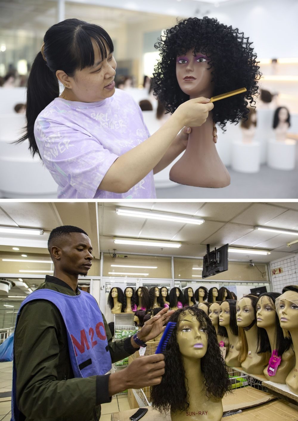 拼版照片：上圖為2023年5月25日，工人在湖南邵陽陽光發(fā)品有限公司展廳展示假發(fā)（新華社記者薛宇舸攝）；下圖為2023年6月9日，一名店員在湖南邵陽陽光發(fā)品有限公司位于南非約翰內(nèi)斯堡的店鋪內(nèi)展示假發(fā)（新華社記者張譽(yù)東攝）。新華社發(fā)