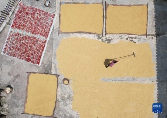 9月16日，村民在貴州省黔東南苗族侗族自治州施秉縣馬溪鄉(xiāng)王家坪村晾曬稻谷（無人機照片）。