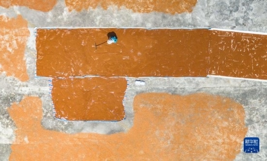 9月16日，農(nóng)民在貴州省安順市西秀區(qū)大西橋鎮(zhèn)吉昌村晾曬高粱（無人機照片）。