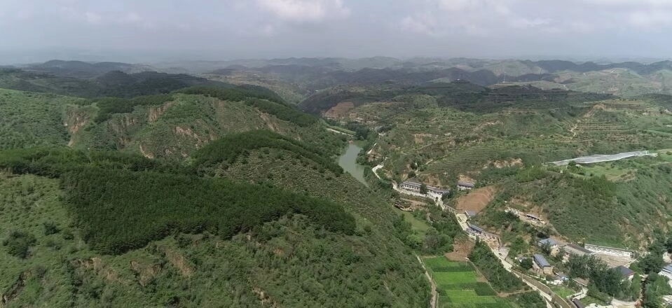 黃土溝壑中的高西溝村滿眼綠色（無人機照片，2023年7月26日）。新華社記者陳昌奇 攝