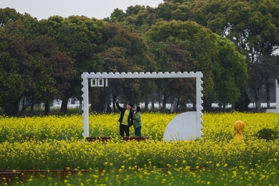  游客在浙江嘉興市秀洲區(qū)王店鎮(zhèn)鎮(zhèn)中村的“青青樂地”農(nóng)耕文化園內(nèi)游玩（2023年4月3日攝）。