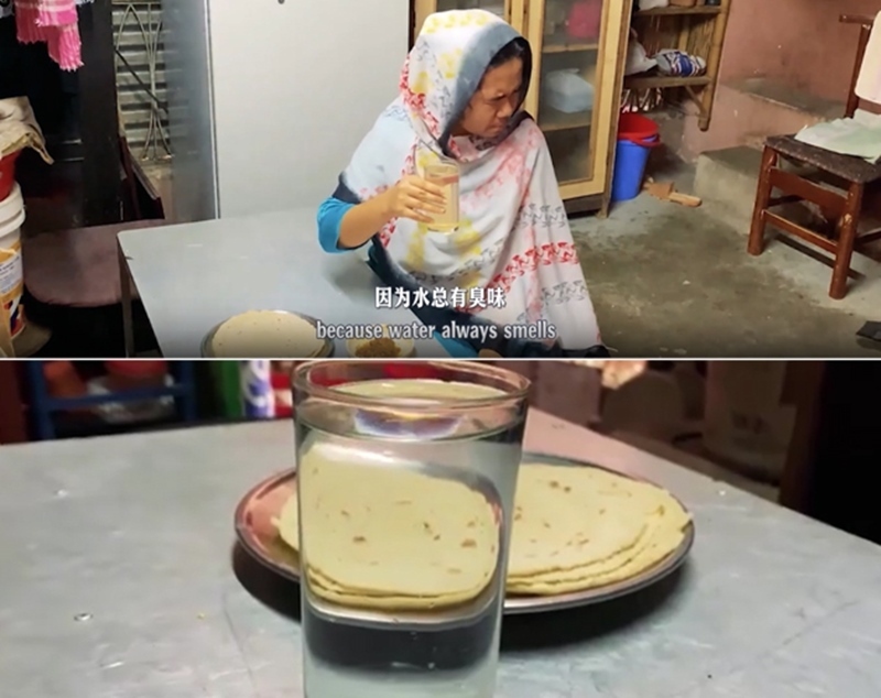 圖為紀(jì)實短片截圖：上圖為水質(zhì)未改善前，飲用水發(fā)黃渾濁；下圖為水廠建成后，飲用水水質(zhì)明顯改善，清澈透明。