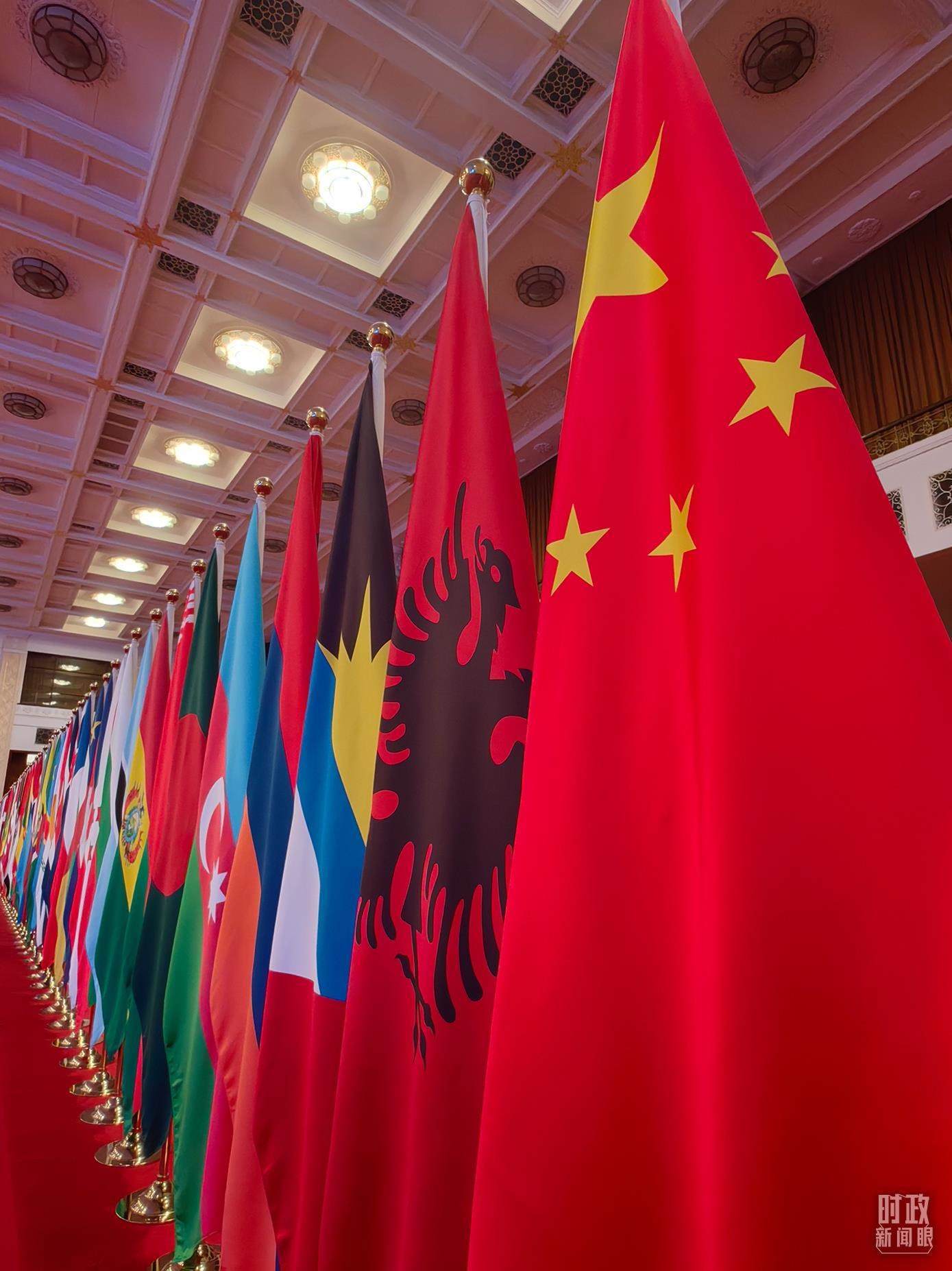 △開幕式會場內(nèi)整齊排列的旗幟。（總臺央視記者楊波拍攝）