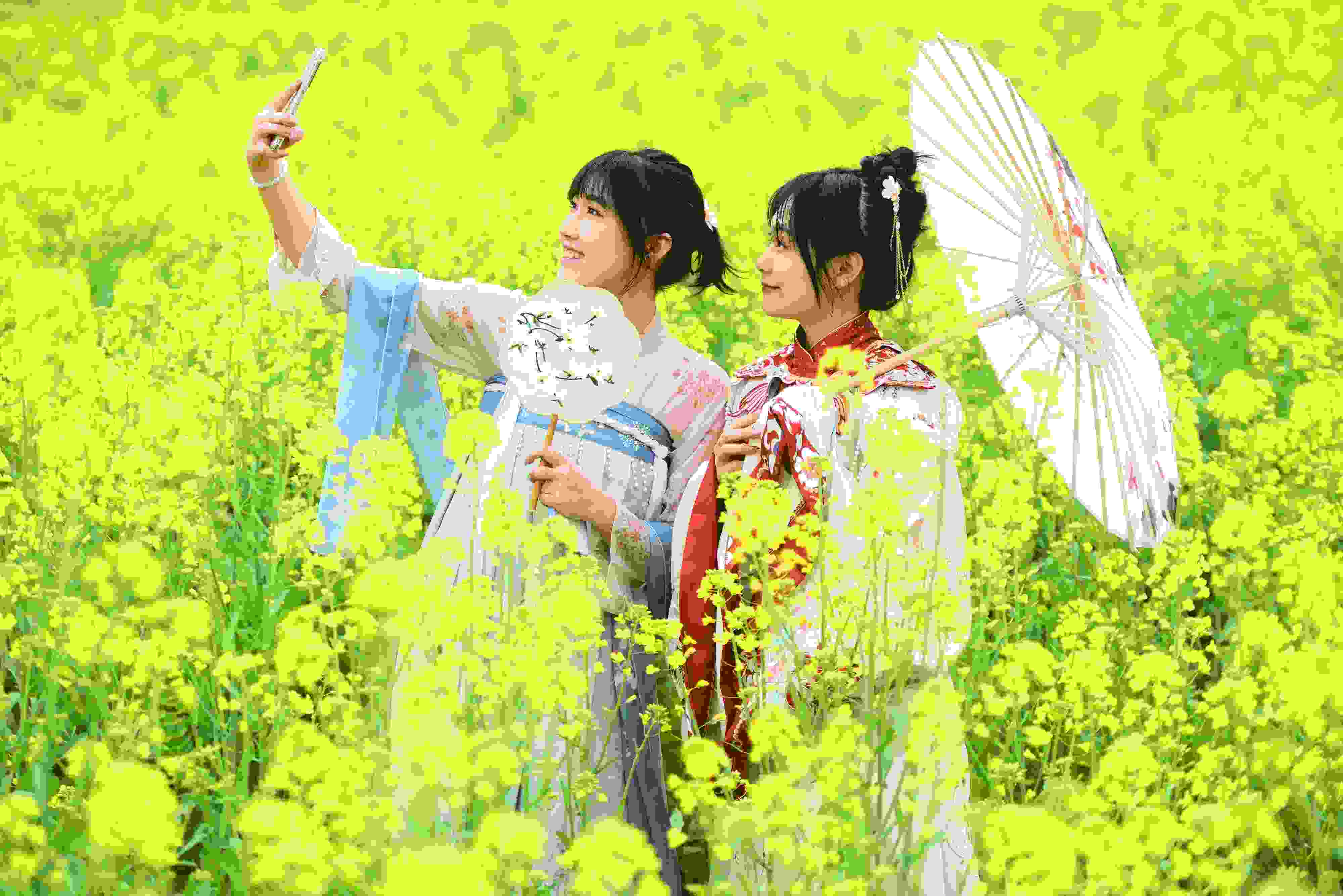 △ 2024年2月16日，廣西賀州，在富川瑤族自治縣麥嶺鎮(zhèn)三民村，游客在油菜花田間賞花拍照。