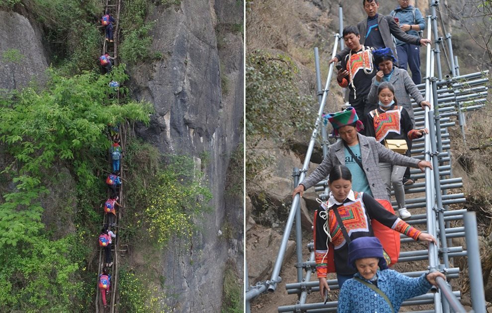 “懸崖村”今昔對(duì)比：左圖為2016年5月14日，“懸崖村”的孩子們攀爬木梯回家。右圖為2020年5月13日，“懸崖村”村民帶著行李通過(guò)鋼梯下山，搬遷至易地扶貧集中安置點(diǎn)的新家。