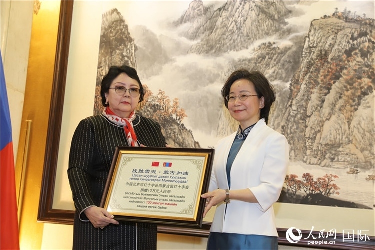 沈大使向寶勞爾瑪（左）秘書長轉交捐款。人民網記者 霍文攝