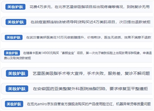 “人民投訴”用戶舉報醫(yī)美未達(dá)預(yù)期效果或?qū)е律眢w損傷退款遭拒、機(jī)構(gòu)及服務(wù)人員虛假資質(zhì)、被誘導(dǎo)高額醫(yī)美貸、網(wǎng)購美容儀器質(zhì)量不過關(guān)等問題。（“人民投訴”平臺截圖）