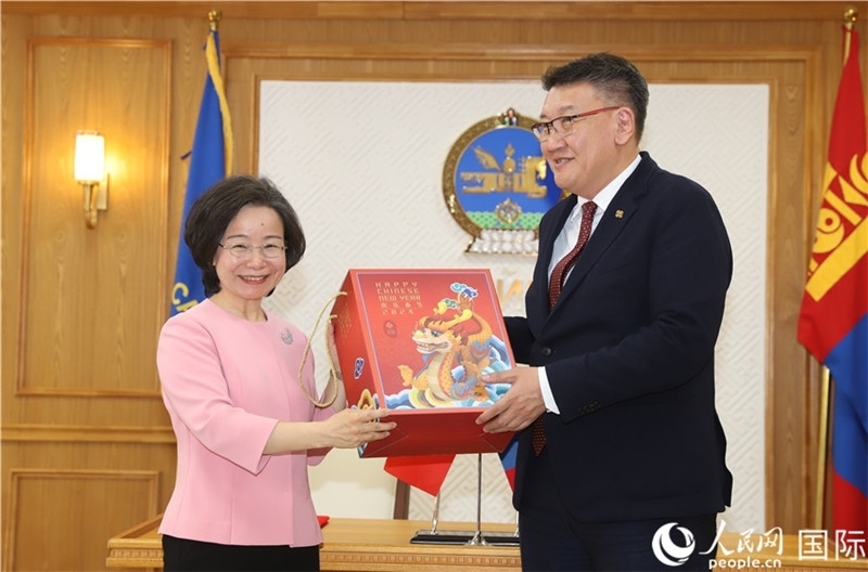 沈大使向扎布赫楞部長(zhǎng)贈(zèng)送吉祥龍。人民網(wǎng)記者 霍文攝