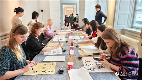 瑞典書法愛好者專心學習書法。人民網(wǎng)記者 殷淼攝