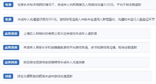 網(wǎng)友涉及“熊孩子”氪金相關投訴問題。（“人民投訴”用戶投訴截圖）