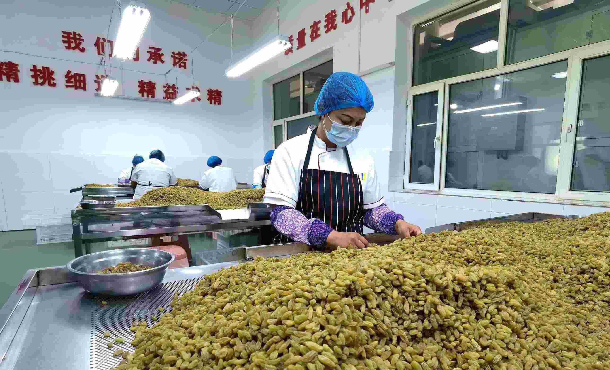 新疆吐魯番市高昌區(qū)亞爾鎮(zhèn)新城西門村，村民們在分揀葡萄干。