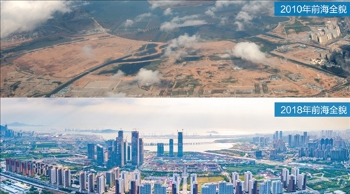 △在前海石公園的前海開發(fā)開放成果展示墻上，一張八年間的前海全貌對比圖。
