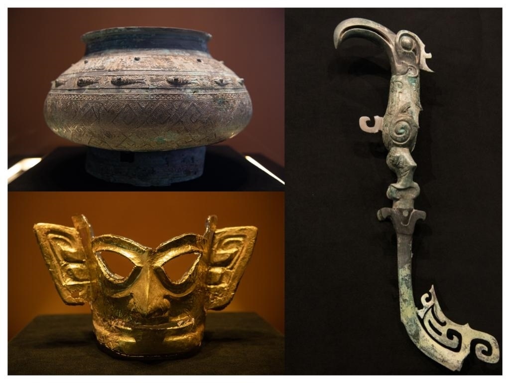 拼版照片：左上圖為青銅瓿，左下圖為黃金面具，右圖為青銅樹(shù)枝。新華社記者唐文豪 攝