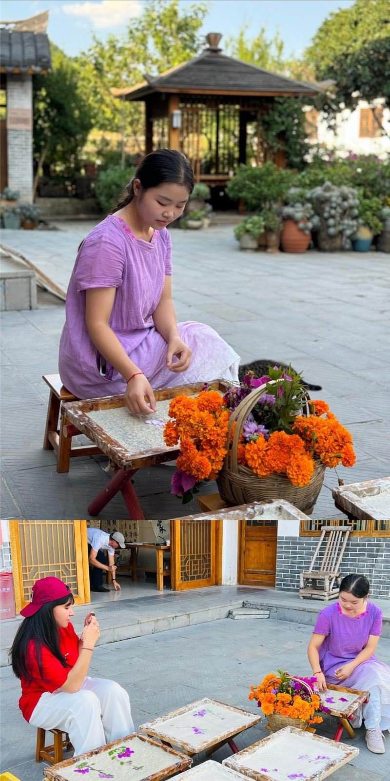 沒有女生不愛花。以古法造紙技藝為基礎(chǔ)，再輔以花草枝葉勾勒各式圖案，創(chuàng)作出花茂村獨(dú)具特色的紙漿壓花畫，少女手中的花是她眼中的風(fēng)景，而她與正在制作的紙漿壓花畫也是別人眼中的風(fēng)景。（哈薩克斯坦BAQ通訊社高級(jí)記者古爾詹·拉曼庫洛娃、張亞欣攝）