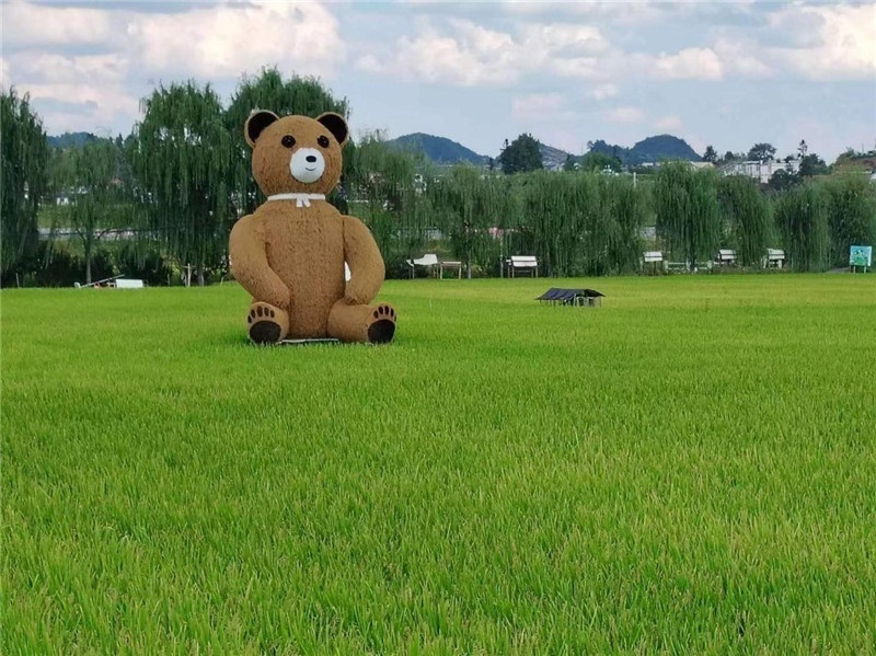 稻穗搖曳，垂柳依依，山嵐多姿，好一幅歲月靜好山鄉(xiāng)恬靜圖。這憨厚俏皮的熊玩偶造型，像是亂入其中，形成現(xiàn)代與傳統(tǒng)、好動(dòng)與寧靜的反差感，讓人過目不忘，也讓人莞爾一笑。（哈薩克斯坦鳳凰24新聞社總編輯兼首席執(zhí)行官克馬爾·馬山羅攝）