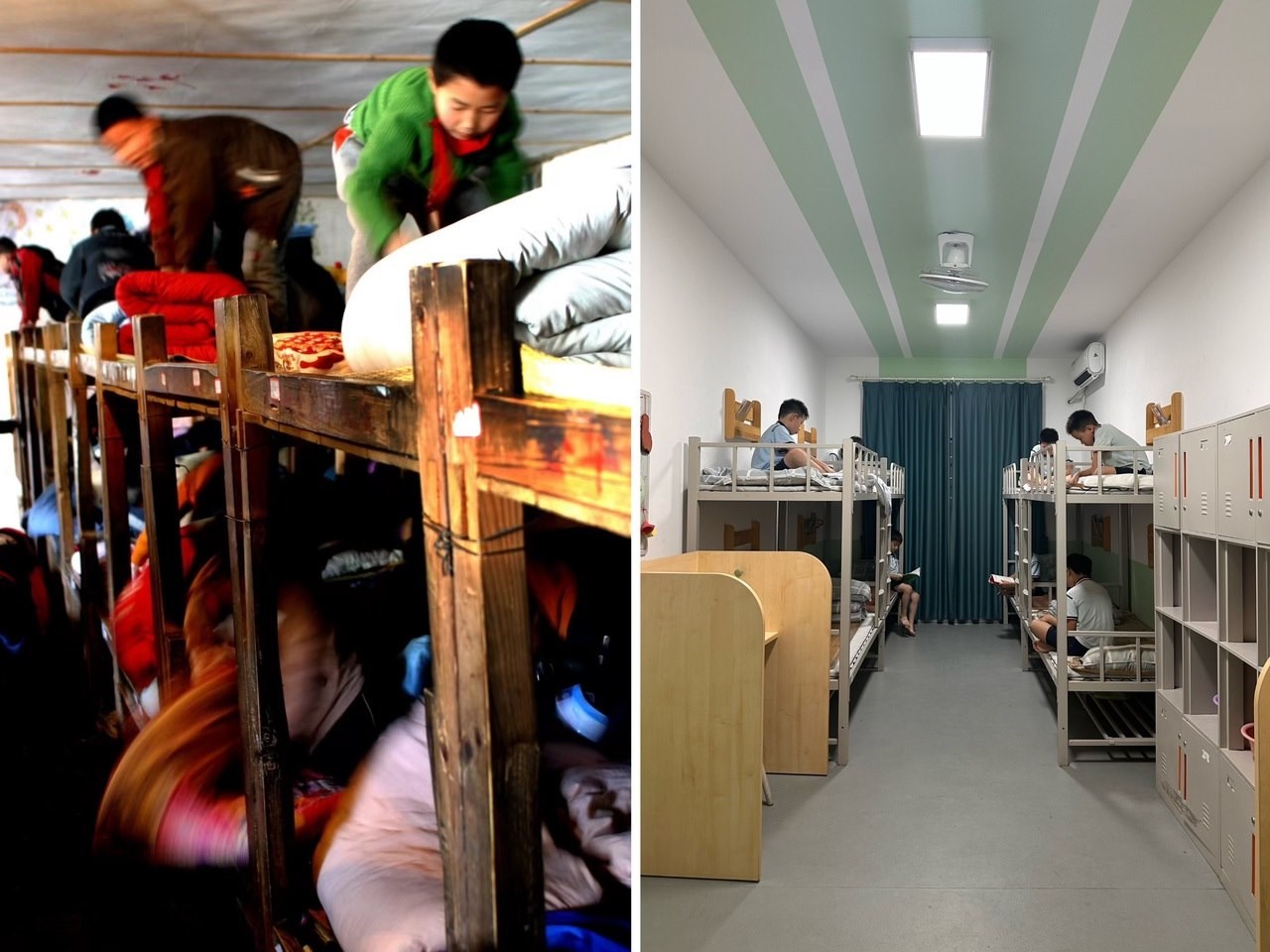 縉云縣東渡鎮(zhèn)長坑小學(xué)2005年以前的學(xué)生宿舍（左），以及現(xiàn)在的學(xué)生宿舍（右） 學(xué)校供圖