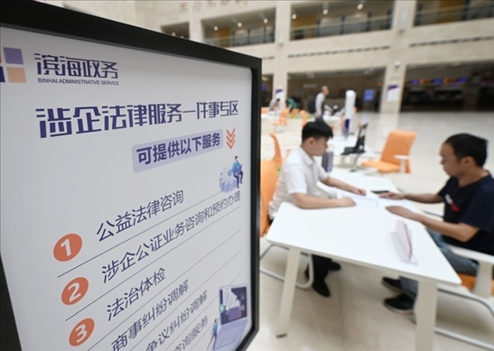 在天津?yàn)I海新區(qū)政務(wù)服務(wù)中心，工作人員在“涉企法律服務(wù)一件事”專區(qū)為市民提供服務(wù)（2024年7月31日攝）。新華社記者 趙子碩 攝