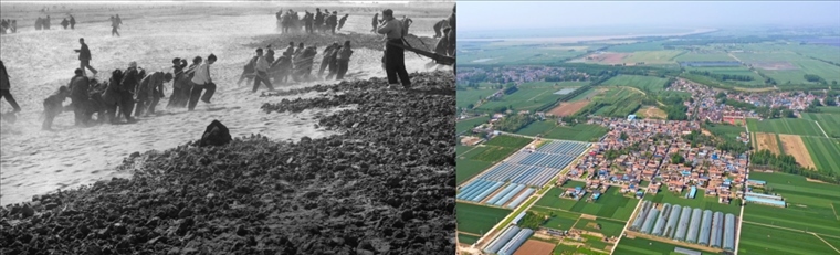 拼版照片：左圖為蘭考群眾在拉淤土壓沙（新華社記者 鄧歷耕 攝）；右圖為2024年4月25日拍攝的蘭考縣張莊村（無(wú)人機(jī)照片，新華社記者 郝源 攝）。