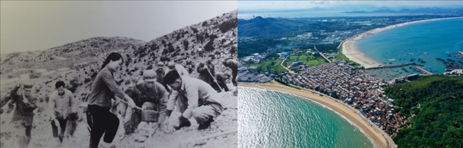 拼版照片：左圖為東山縣群眾在荒山上種植樹苗（資料照片）；右圖為2020年6月18日拍攝的東山縣陳城鎮(zhèn)澳角村附近風(fēng)光（無(wú)人機(jī)照片，新華社記者 姜克紅 攝）。