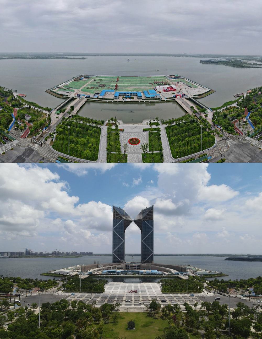 拼版照片：空中俯瞰中國（上海）自由貿(mào)易試驗區(qū)臨港新片區(qū)滴水湖西島中銀金融中心項目現(xiàn)場（上圖為2021年6月20日攝，無人機照片；下圖為2024年8月14日攝，無人機照片）。2019年8月20日，臨港新片區(qū)揭牌成立，一個開放新高地在長江與東海交匯處日益崛起。