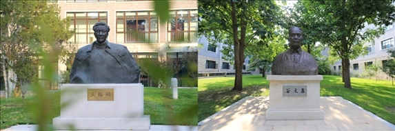 △左圖為中央黨校（國家行政學院）校園內的焦裕祿雕塑，右圖為校園內的谷文昌雕塑。