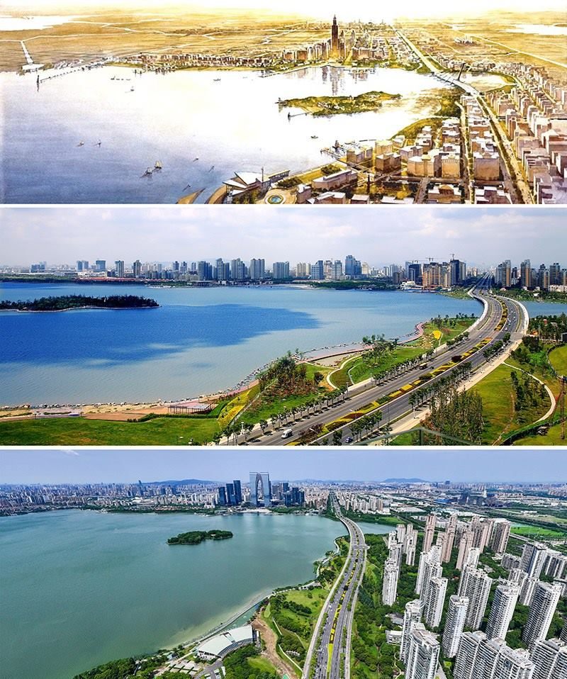 拼版照片：上圖為1994年繪制的蘇州工業(yè)園區(qū)手繪規(guī)劃圖；中圖為2007年拍攝的蘇州工業(yè)園區(qū)；下圖為2023年7月4日用無(wú)人機(jī)拍攝的蘇州工業(yè)園區(qū)。