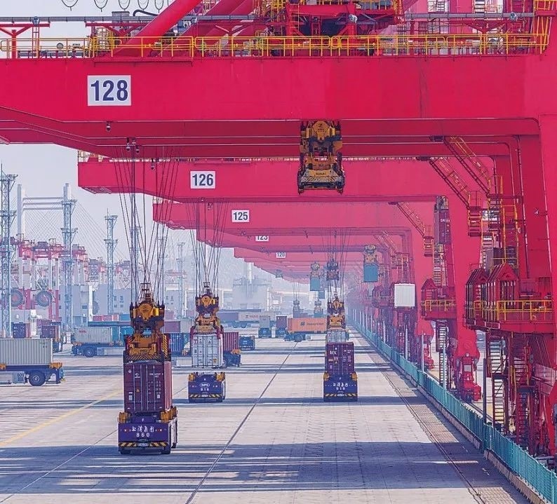 共建“一帶一路”國(guó)家在工作制度對(duì)接、技術(shù)標(biāo)準(zhǔn)協(xié)調(diào)、檢驗(yàn)結(jié)果互認(rèn)等方面強(qiáng)化合作、統(tǒng)一標(biāo)準(zhǔn)，貿(mào)易自由化便利化水平不斷提升。上海洋山港海關(guān)對(duì)接共建國(guó)家進(jìn)出口貨物相關(guān)標(biāo)準(zhǔn)，推動(dòng)通關(guān)一體化方式申報(bào)，提升通關(guān)效率。圖為無(wú)人駕駛的全自動(dòng)導(dǎo)引車在洋山港穿梭往來(lái)，搬運(yùn)集裝箱。王初 攝