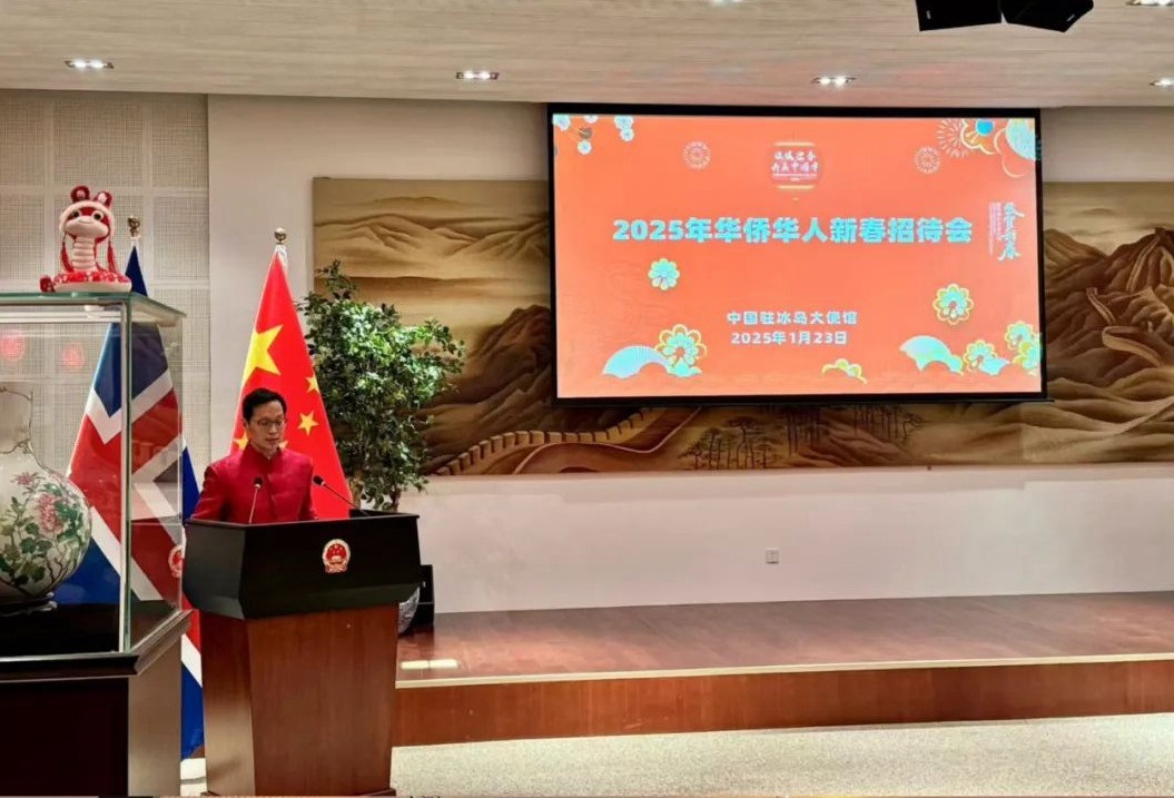 中國(guó)駐冰島大使何儒龍致辭。中國(guó)駐冰島大使館供圖