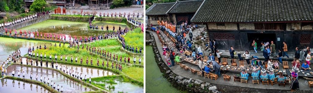 左圖：近期，人們在黎平縣肇興侗寨的田園里演唱侗族大歌（黎平縣委宣傳部供圖）；右圖：這是2023年拍攝的十八洞村長桌宴（湘西州委宣傳部供圖）。