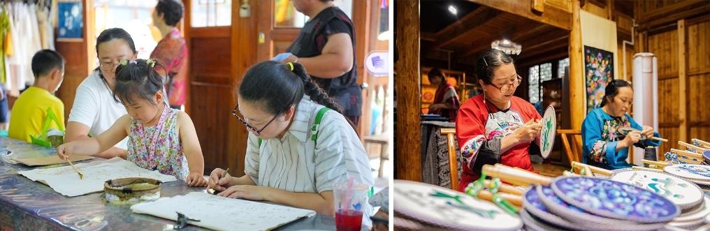 左圖：近期，游客在黎平縣肇興侗寨體驗非遺蠟染藝術(shù)（黎平縣委宣傳部供圖）；右圖：這是2024年拍攝的繡娘在十八洞村梨子寨苗繡鄉(xiāng)村振興示范基地制作苗繡產(chǎn)品（湘西州委宣傳部供圖）。