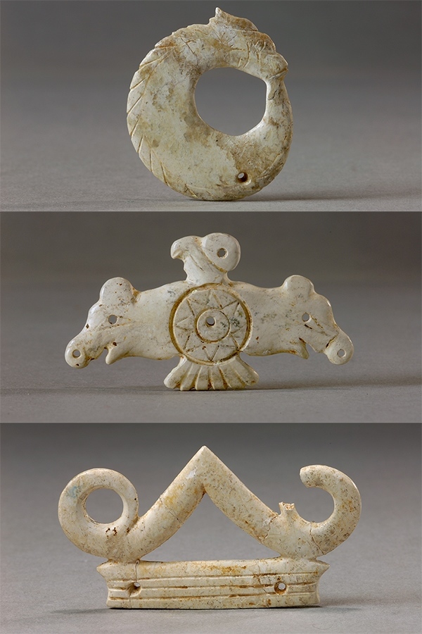 玉龍（上）、玉鷹（中）和玉冠飾（下）。國家文物局供圖