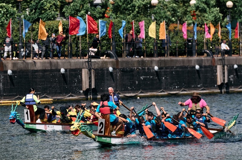 中英雙方的參賽隊(duì)伍參與龍舟競渡。楊浩鵬攝