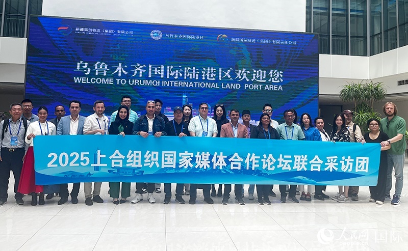 5月26日，外國媒體人在烏魯木齊國際陸港區(qū)合影留念。 人民網(wǎng)記者 翟轉麗攝