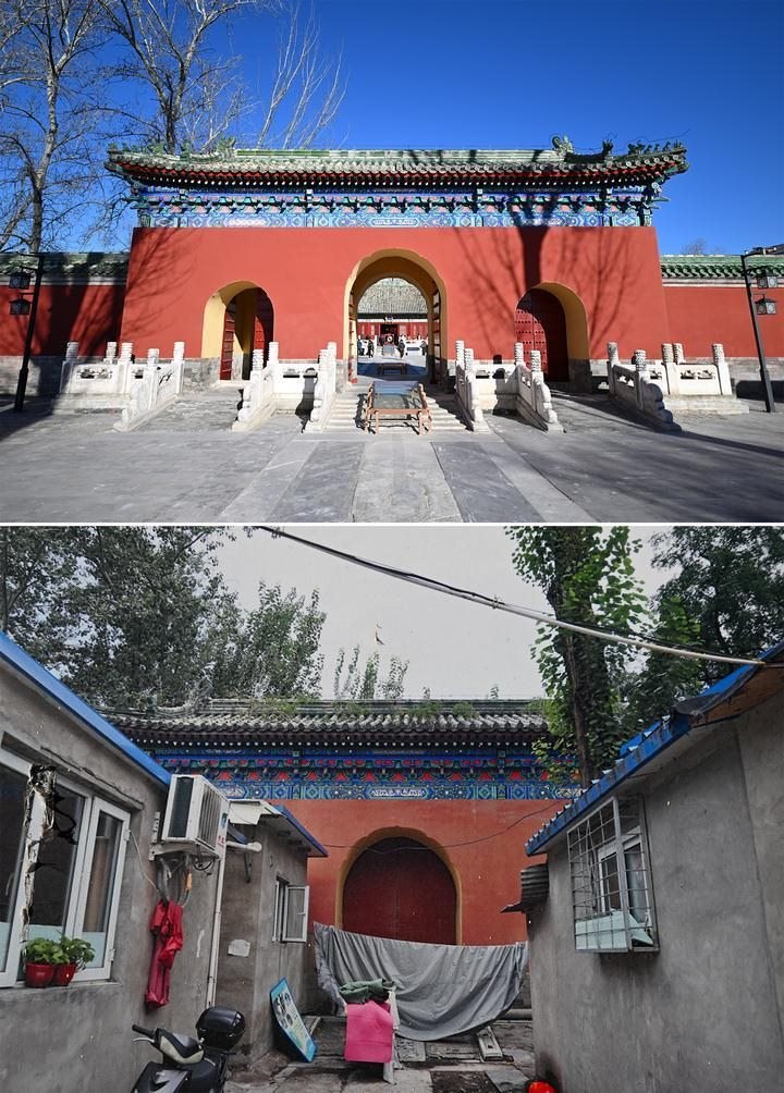 位于先農(nóng)壇內(nèi)的慶成宮，曾長時(shí)間被雜亂的民居占據(jù)。在北京中軸線申遺保護(hù)工作的帶動下，北京完成了慶成宮區(qū)域文物征收騰退、非文物建筑拆除、彩畫保護(hù)、本體修繕、展覽布陳等，讓560多年歷史的古建群重新回歸。2024年12月，北京中軸線上先農(nóng)壇內(nèi)的慶成宮首次面向社會公眾開放。上圖為騰退修繕后的慶成宮內(nèi)宮門（資料照片）；下圖為翻拍的慶成宮內(nèi)宮門騰退修繕前的資料照片（2024年12月21日攝）。